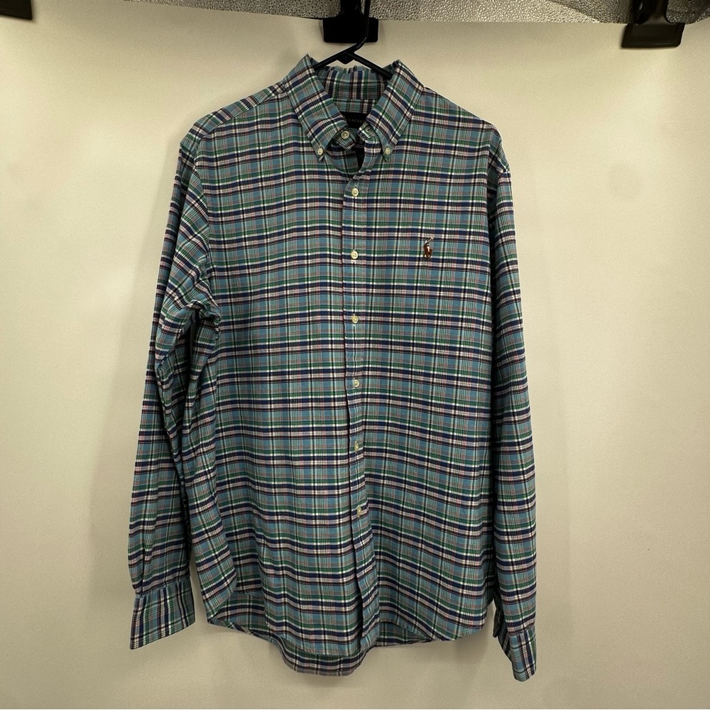 Ralph Lauren Shirt Men Size Large Blue Green Plaid Button LS Full Color Pony